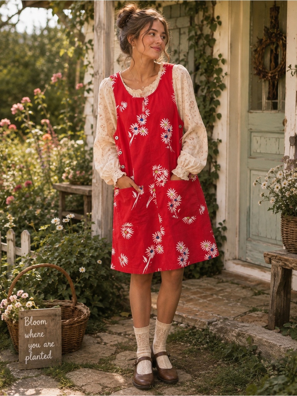 Vintage 90s Express Compagnie Internationale Red Floral Denim Pinafore Dress M